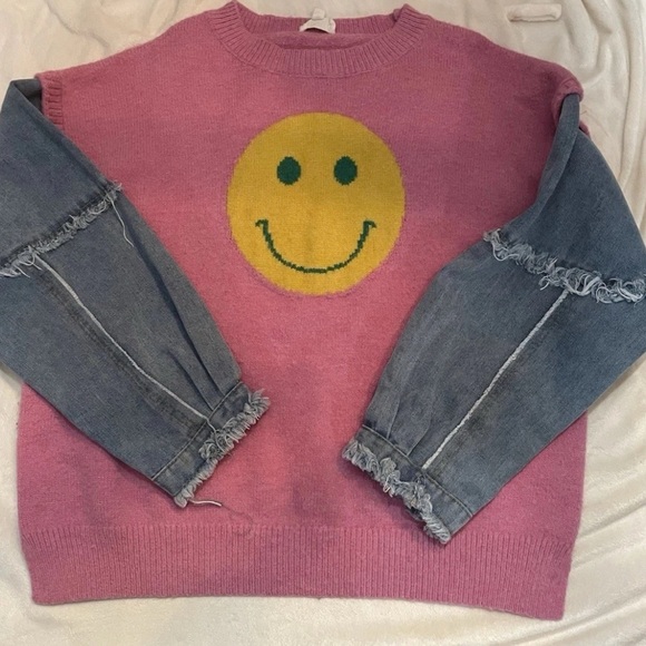 BiBi Sweaters - BiBi Pink Sweater with Smiley and Denim Sleeves